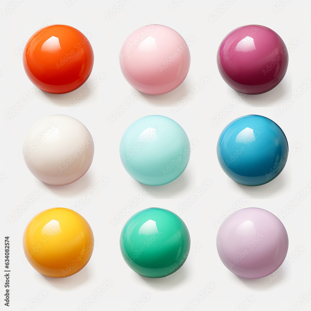 9 multicolored round shiny balls on a white background, three-dimensional image, isolated 9 multicolored round shiny balls on a white background, three-dimensional image, isolated
