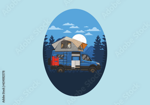Large van with roof tent illustration design