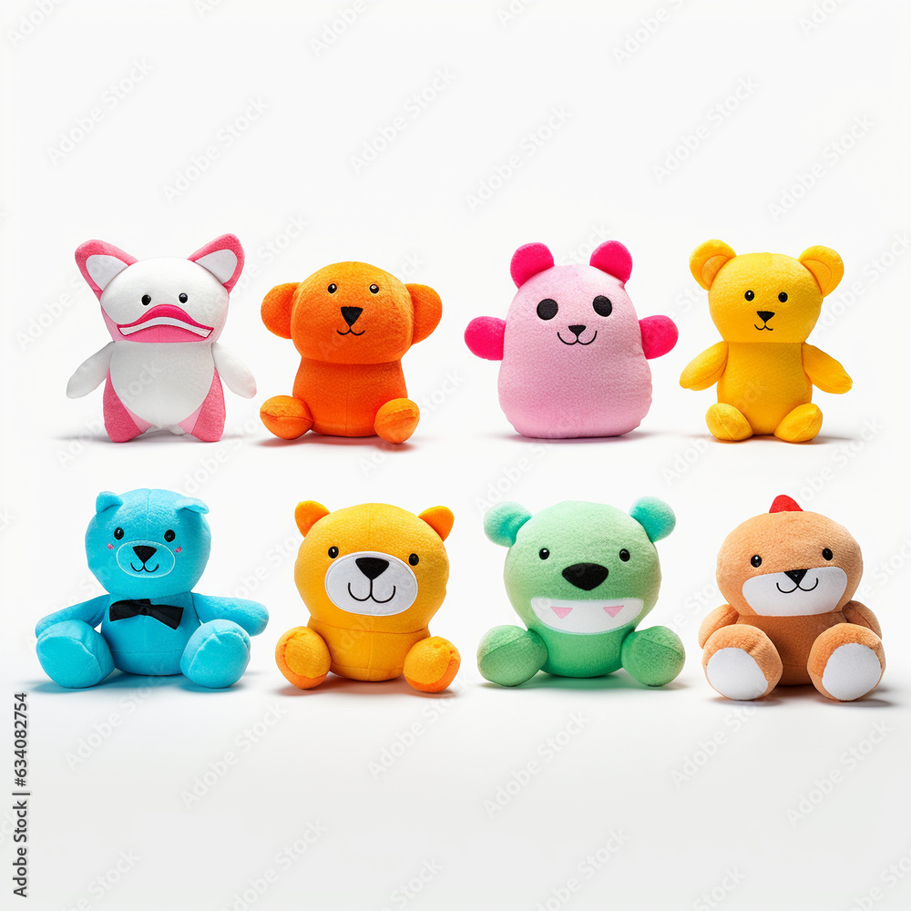 Naklejka premium set of animal toys, funny colorful stuffed toys in a row on a white background, isolated
