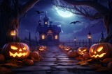 Purple Halloween background with jack-o-lantern pumpkins and haunted house,  created with generative ai