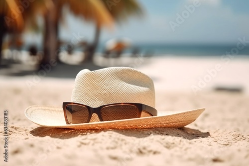 Sun glasses and straw hat on white sand near palm.