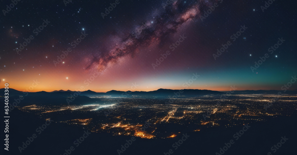 Night sky with stars and milky way over the mountains. Panorama