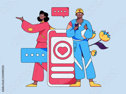 Virtual characters social communication concept business flat vector hand drawn illustration
