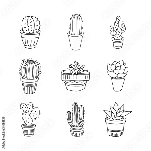 Succulents in pod. Doodle cactus set home plant coloring page design element