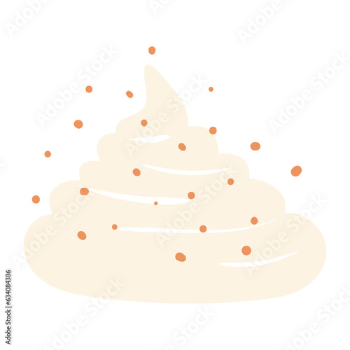 Whipped cream cap and cinnamon hand drawn cartoon illustration. Flat style design, isolated vector. Kids autumn, fall print element, seasonal hot drink ingredient, topping, sweet food, dessert