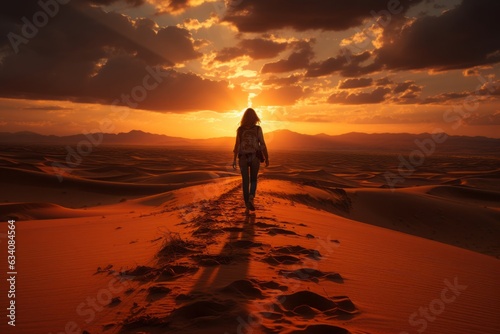 As the sun's fiery hues paint the desert sky, a lone traveler's silhouette stands juxtaposed against the vastness, a cinematic portrayal of solitude and boundless beauty.