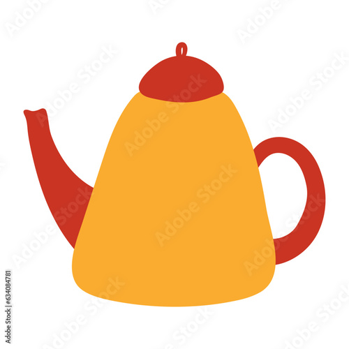 Yellow and red tea, coffee pot hand drawn cartoon illustration. Flat style design, isolated vector. Autumn, fall print element, tableware, pottery, teaware, coffeeware, kitchen