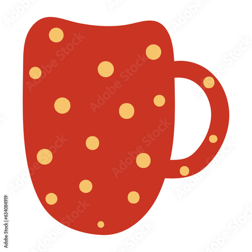 Mug cup with polka dots pattern hand drawn cartoon illustration. Flat style design, isolated vector. Autumn, fall print element, tableware, pottery, teaware, coffeeware, kitchen