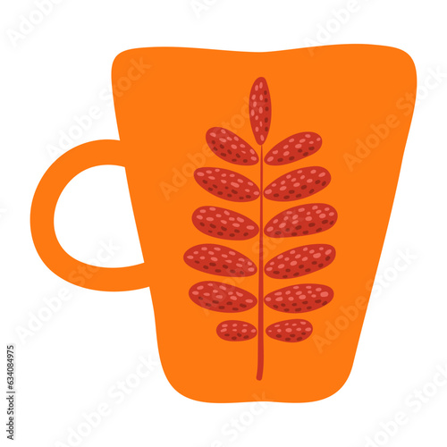 Mug cup with rowan leaf print hand drawn cartoon illustration. Flat style design, isolated vector. Autumn, fall print element, tableware, pottery, teaware, coffeeware, kitchen