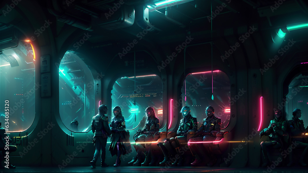 Fototapeta premium Cyberpunk subway With neon backlight contours. Retro wave style. Futuristic high-speed express passenger train. Logistics of the future, modern technologies. 