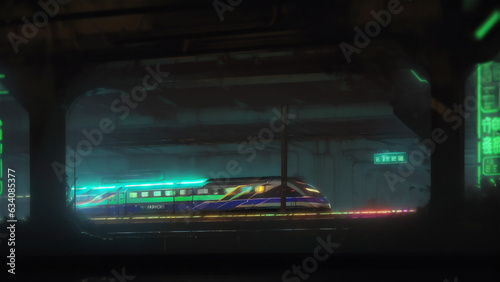 Cyberpunk subway With neon backlight contours. Retro wave style. Futuristic high-speed express passenger train. Logistics of the future, modern technologies. 