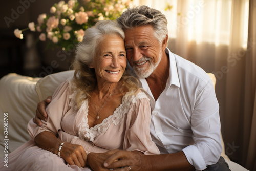 A happy couple over 70 years old sitting on their couch