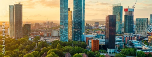 Panoramic Aerial View of Manchester Skyline on a beautiful sunset hours (Golden Hour) 