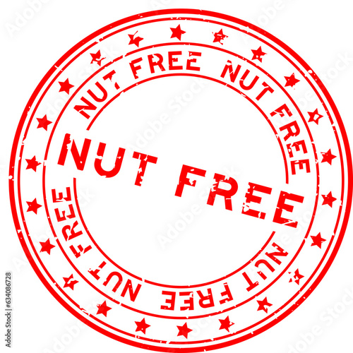 Grunge red nut free word with star icon round rubber seal stamp on white background
