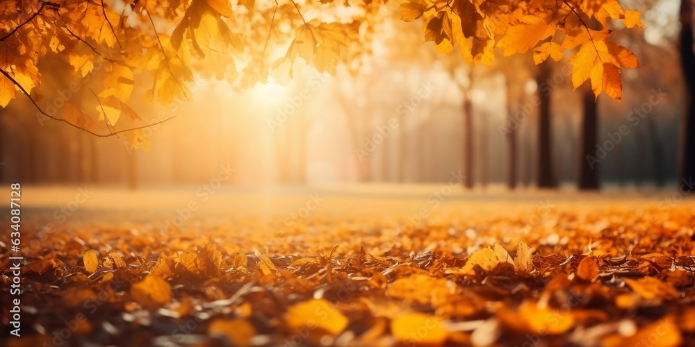 Beautiful Autumn park with yellow leaves and sun. Falling leaves in natural background.