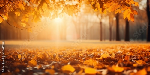 Beautiful Autumn park with yellow leaves and sun. Falling leaves in natural background. © Thomas Holmes