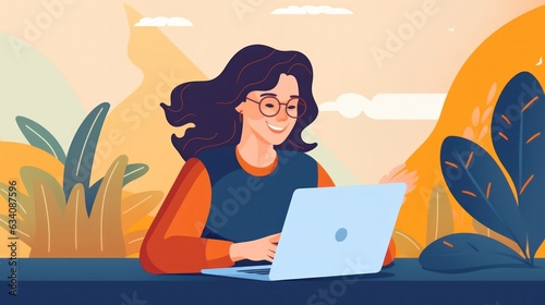 Photo of joyful nice woman using laptop. Beautiful Businesswoman typing on laptop. Generative AI