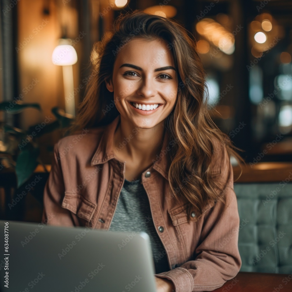 Photo of joyful nice woman using laptop. Beautiful Businesswoman typing on laptop. Generative AI Photo of joyful nice woman using laptop. Beautiful Businesswoman typing on laptop. Generative AI