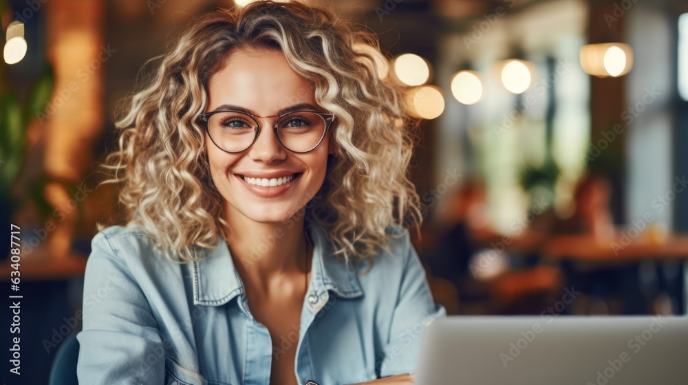 Photo of joyful nice woman using laptop. Beautiful Businesswoman typing on laptop. Generative AI Photo of joyful nice woman using laptop. Beautiful Businesswoman typing on laptop. Generative AI