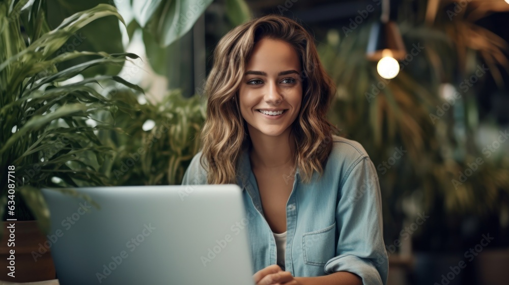 Photo of joyful nice woman using laptop. Beautiful Businesswoman typing on laptop. Generative AI Photo of joyful nice woman using laptop. Beautiful Businesswoman typing on laptop. Generative AI