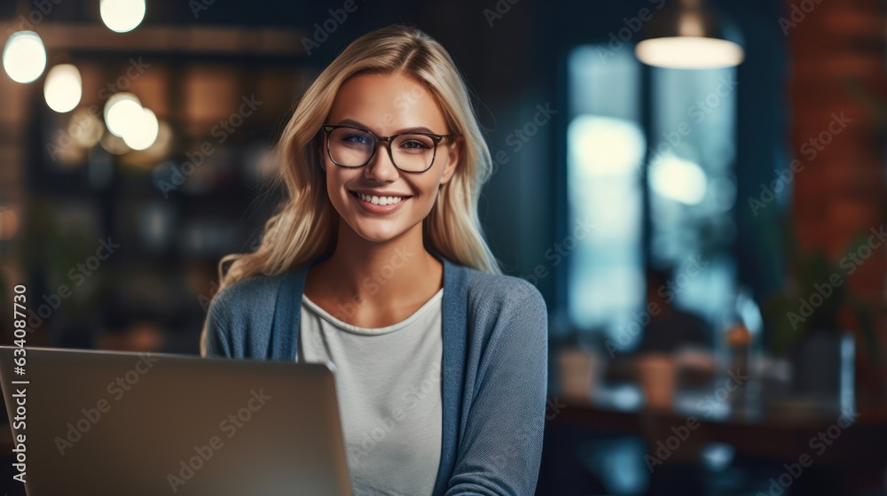 Photo of joyful nice woman using laptop. Beautiful Businesswoman typing on laptop. Generative AI