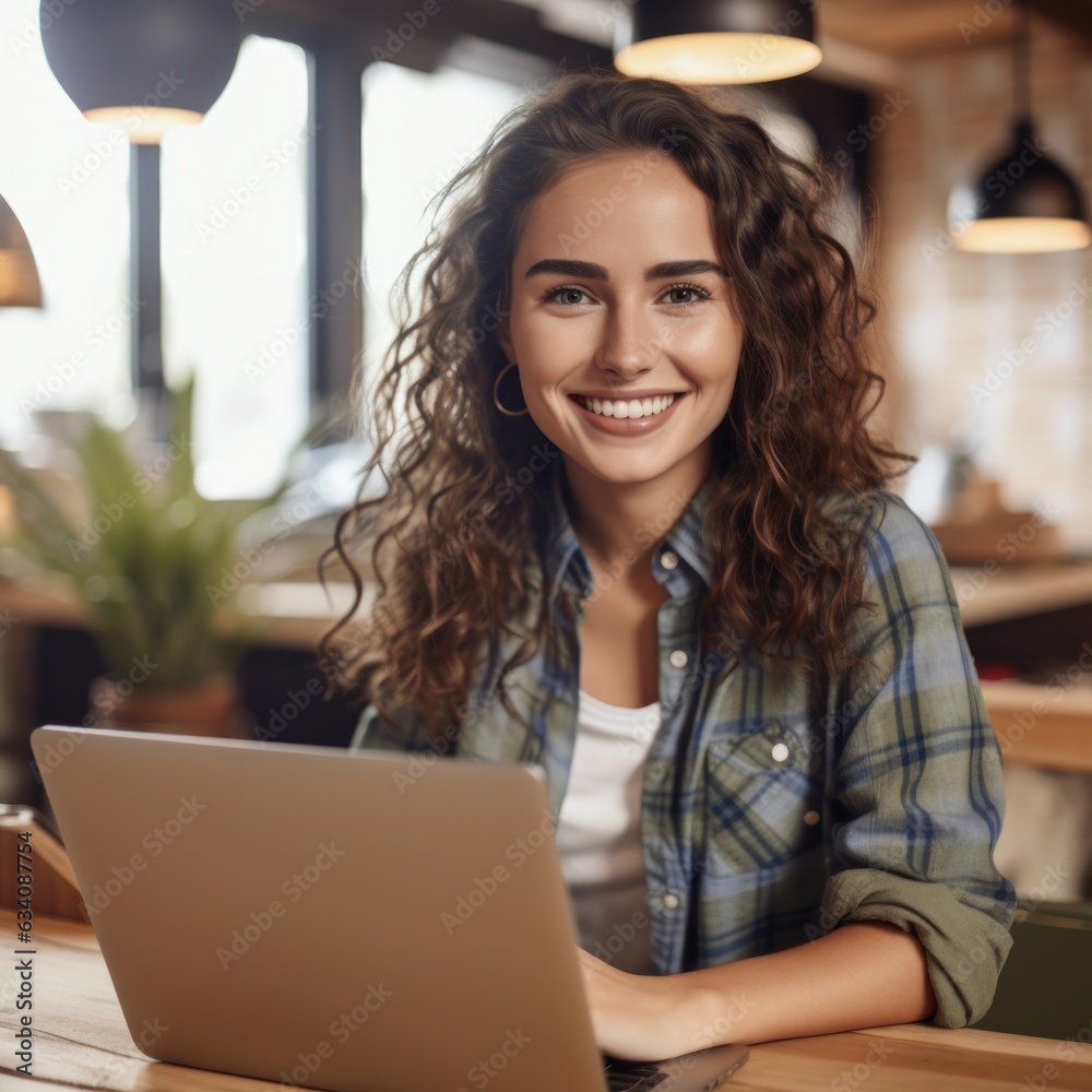 Photo of joyful nice woman using laptop. Beautiful Businesswoman typing on laptop. Generative AI Photo of joyful nice woman using laptop. Beautiful Businesswoman typing on laptop. Generative AI