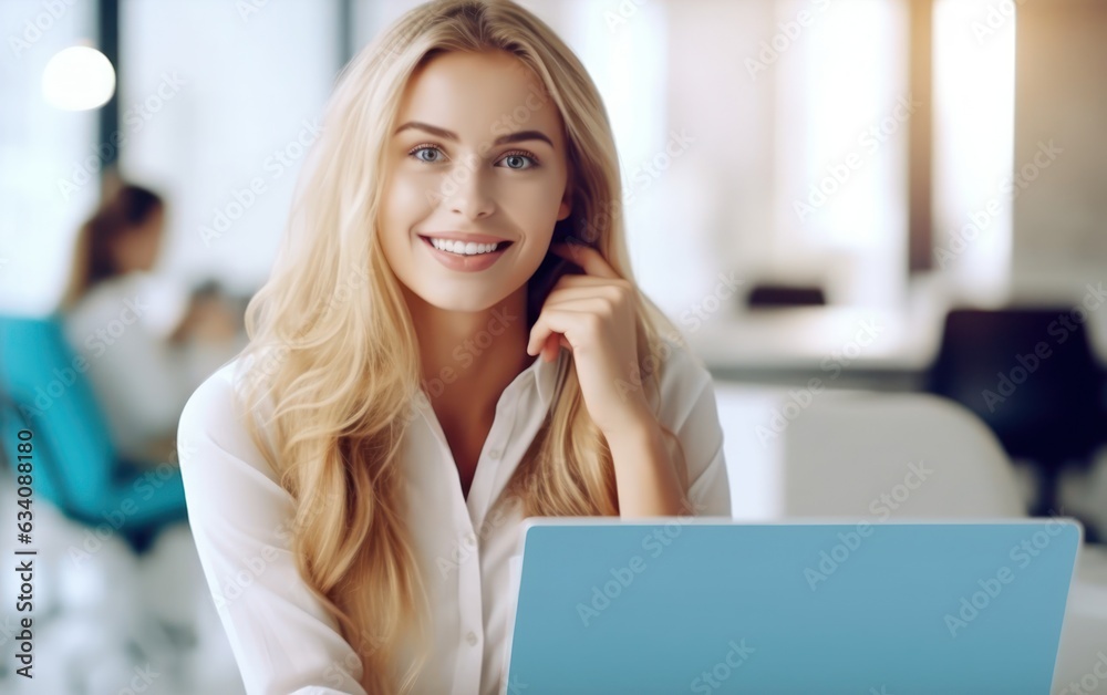 Photo of joyful nice woman using laptop. Beautiful Businesswoman typing on laptop. Generative AI Photo of joyful nice woman using laptop. Beautiful Businesswoman typing on laptop. Generative AI