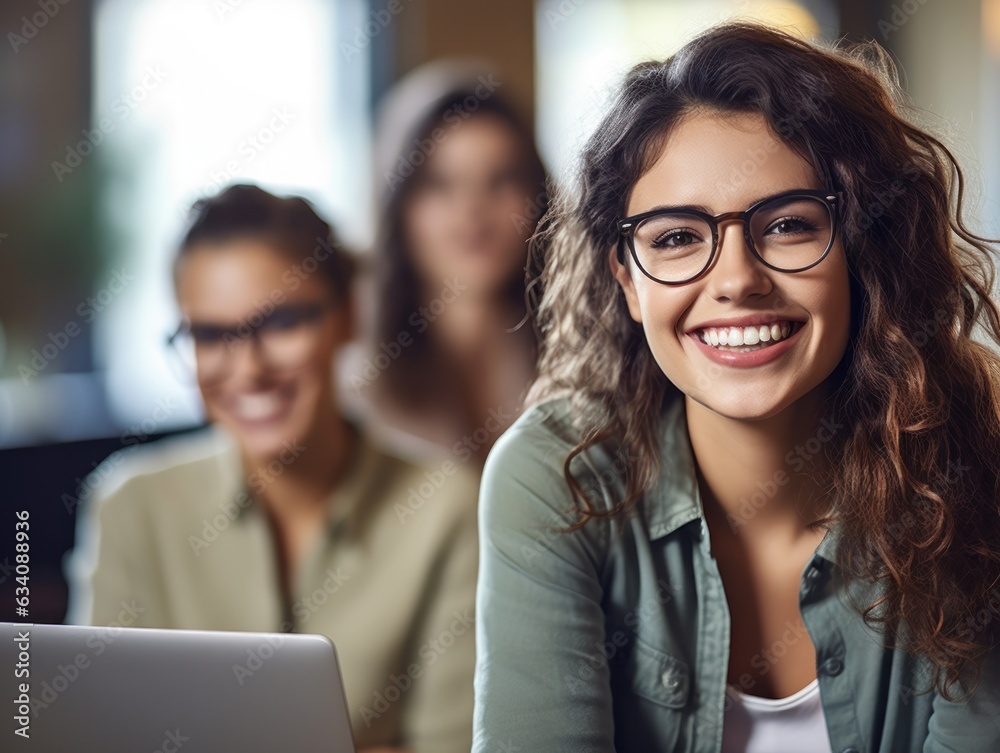 Photo of joyful nice woman using laptop. Beautiful Businesswoman typing on laptop. Generative AI Photo of joyful nice woman using laptop. Beautiful Businesswoman typing on laptop. Generative AI