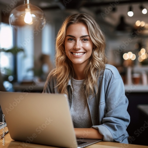 Photo of joyful nice woman using laptop. Beautiful Businesswoman typing on laptop. Generative AI