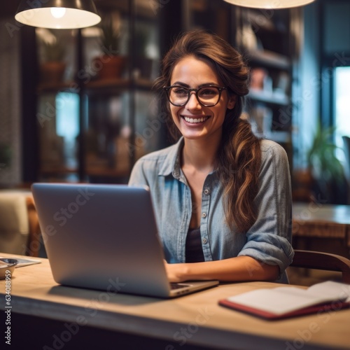 Photo of joyful nice woman using laptop. Beautiful Businesswoman typing on laptop. Generative AI