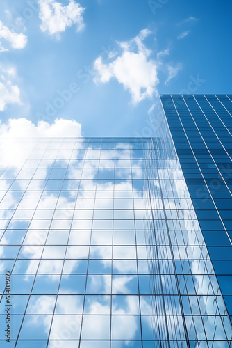Reflective skyscrapers  business office buildings. Low angle photography of glass curtain wall details of high-rise buildings.The window glass reflects the blue sky and white clouds. High quality