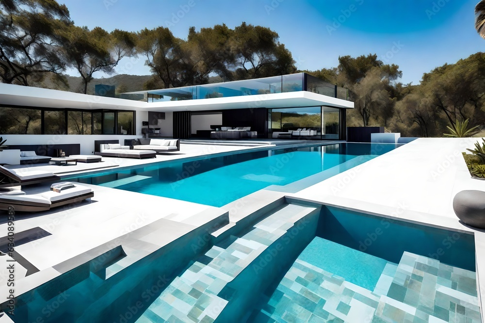 Fototapeta premium swimming pool in the resort, A luxurious house with a modern design sits amidst a lush green landscape, boasting a unique feature - a stunning swimming pool on top