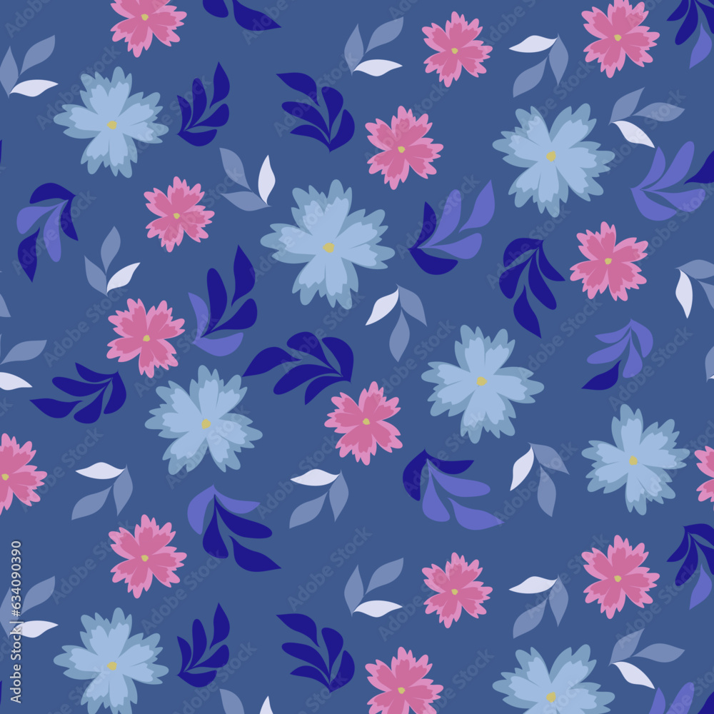 Pink Blue Flower and Leaf Allover Seamless Pattern Design Artwork	
