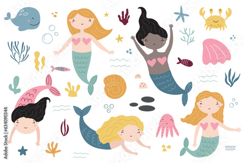 Cute mermaid set with fish, seaweed, marina elements for your design, childish hand drawn sea elements. Vector illustration.