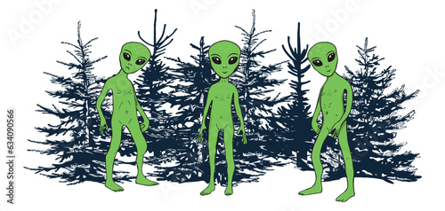 green aliens in the forest vector sketch