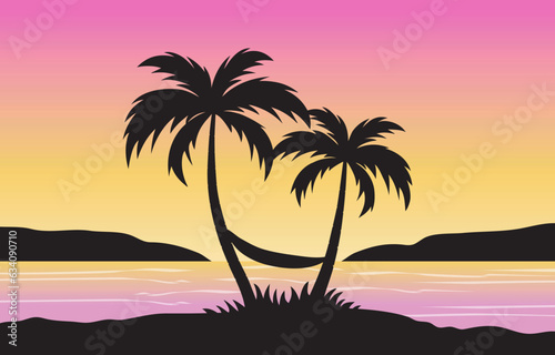 Summer Sunset Tropical Paradise Island Palm Tree Seascape Artwork Background  