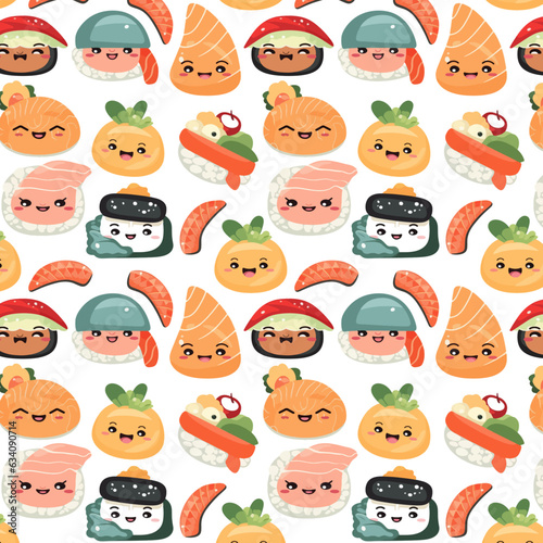 Cute Japanese Food Sushi and Roll Character Allover Seamless Pattern Design Artwork 