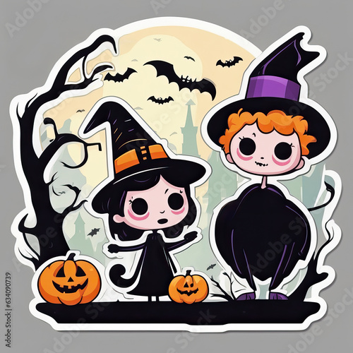 Halloween Sticker in Vector Illustration Cartoon Style Pumpkin Jack O' Lantern, Witch and Vulture in Forest with dead Tree and Bats. For Children, young Adults. For Holiday Celebration Party 