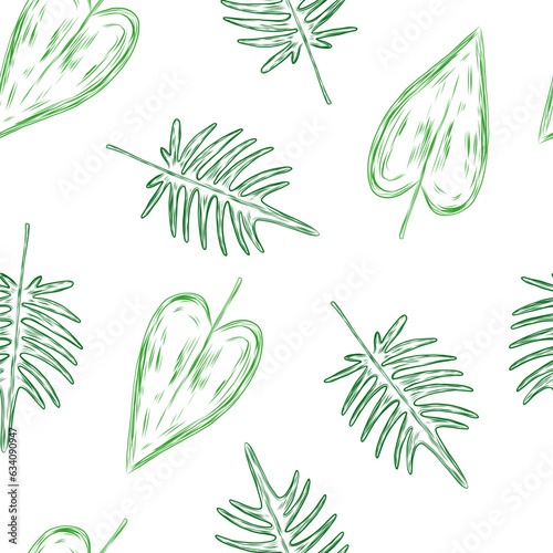 Vector seamless background with green philodendron leaf