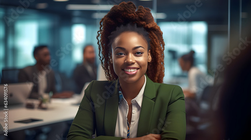 young woman with captivating, radiant features, representing African heritage, aged 32, confidently leading a team meeting in a modern office space photo