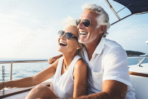 Affectionate senior couple on a boat trip at sunset. Insurance and retirement pension plan concept. High quality photo