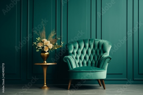 Beautiful luxury classic blue green clean interior room in classic style with green soft armchair. Vintage antique blue-green chair standing beside emerald wall. Minimalist home design. High quality
