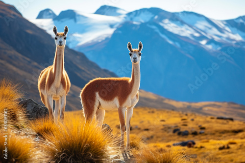 Guanacos on a mountain hill in Patagonia  Chile