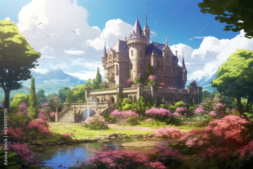 Obraz premium Fantasy landscape with castle in the mountains. illustration.
