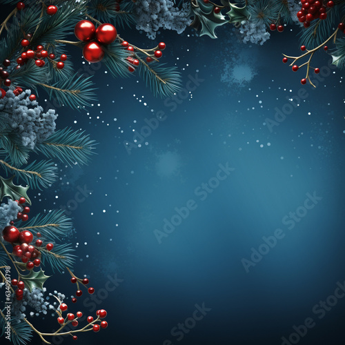 Christmas blue background with fir branches and holly, made by AI