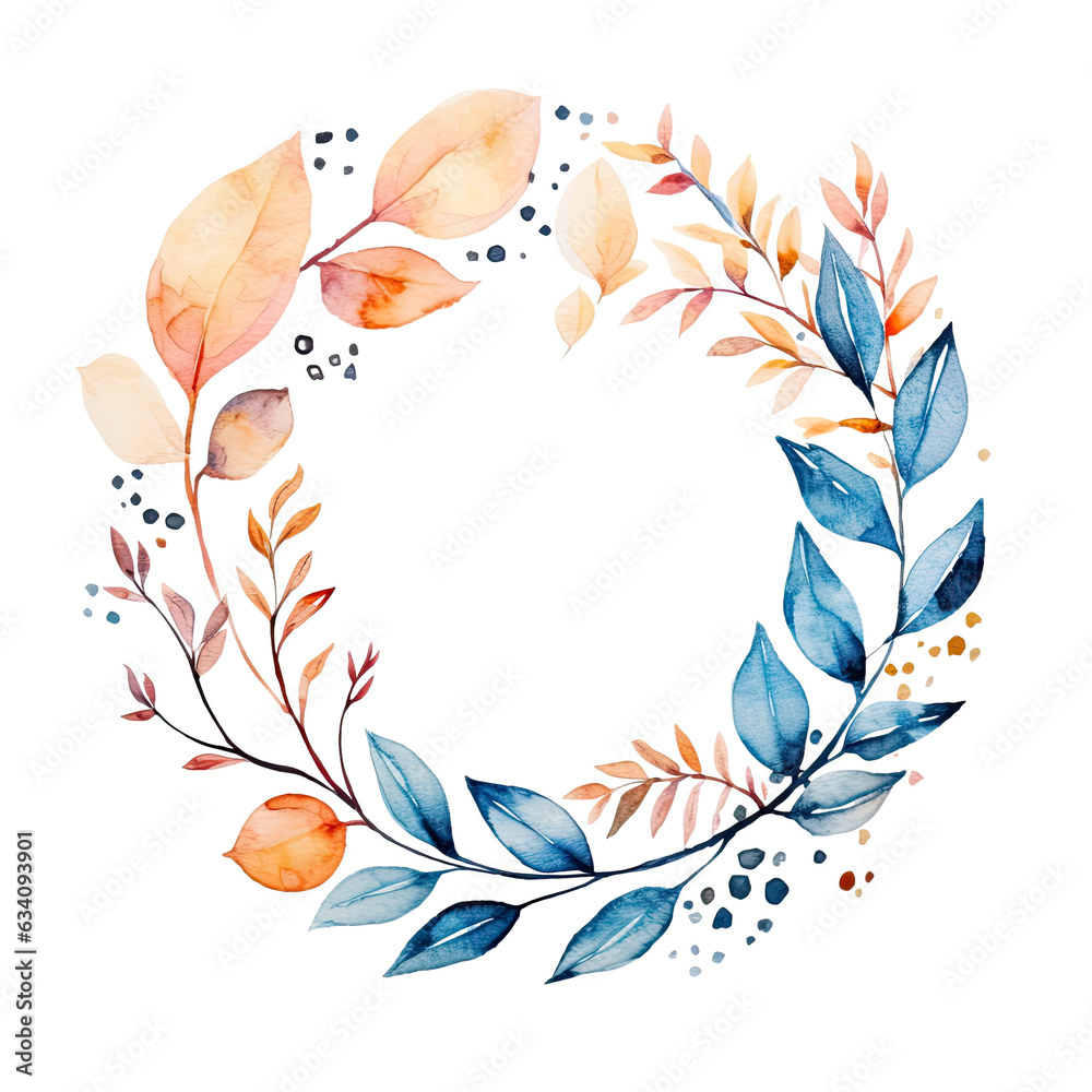 transparent background with watercolor leaves on a wreath