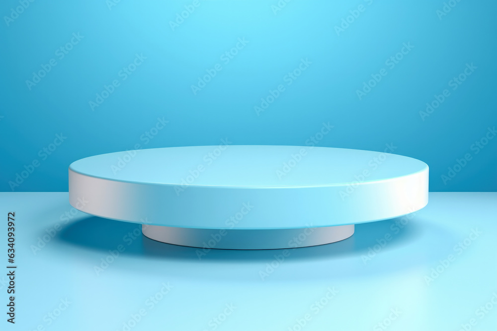 With its elegant design, geometric display case, and blue accents on the podium and background, the showcased or presented products appear perfectly.