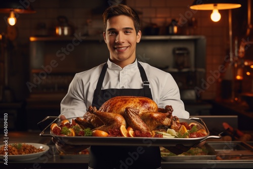 Chef holding a tray full of turkey inside a kitchen.