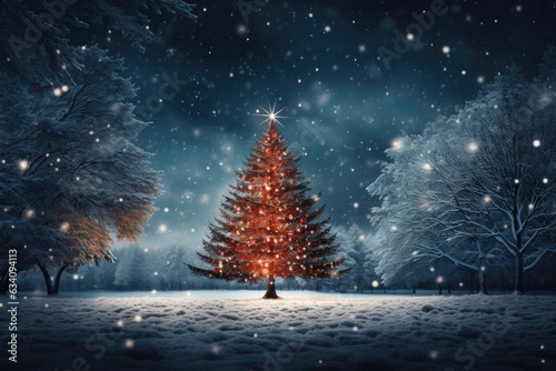 Christmas tree in snow covered woods at night © kardaska