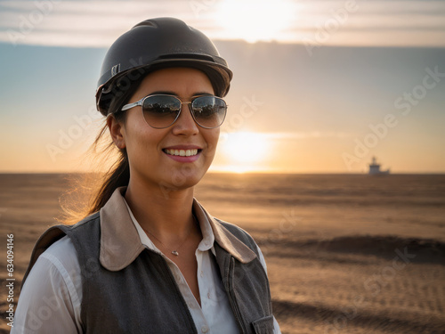 Portrait of the female oil engineer in an orange vest on the background of oil rigs rocking © mikhailberkut